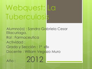 Webquest: La
Tuberculosis
Alumno(a) : Sandra Gabriela Cesar
Ellacuriaga.
Rol : Farmaceutica
Actividad :
Grado y Sección : 1º «B»
Docente : Wiliam Vegazo Muro

Año :     2012
 