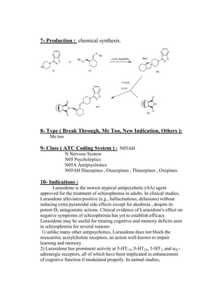 7- Production : chemical synthesis.




8- Type ( Break Through, Me Too, New Indication, Others ):
     Me too

9- Class ( ATC Coding System ) : N05AH
              N Nervous System
              N05 Psycholeptics
              N05A Antipsychotics
              N05AH Diazepines , Oxazepines , Thiazepines , Oxepines.

10- Indications :
       Lurasidone is the newest atypical antipsychotic (AA) agent
approved for the treatment of schizophrenia in adults. In clinical studies,
Lurasidone alleviates positive (e.g., hallucinations, delusions) without
inducing extra pyramidal side effects except for akathisia , despite its
potent D2 antagonistic actions. Clinical evidence of Lurasidone's effect on
negative symptoms of schizophrenia has yet to establish efficacy.
Lurasidone may be useful for treating cognitive and memory deficits seen
in schizophrenia for several reasons:
 1) unlike many other antipsychotics, Lurasidone does not block the
muscarinic acetylcholine receptors, an action well-known to impair
learning and memory
2) Lurasidone has prominent activity at 5-HT1A, 5-HT2A, 5-HT7, and α2C-
adrenergic receptors, all of which have been implicated in enhancement
of cognitive function if modulated properly. In animal studies,
 