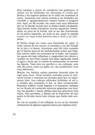 Pero estaban a punto de estallarme los pulmones; el
     cálido sol de mediodía me abrazaba el cuello por
     detrás y las ásperas piedras de la orilla me arañaban la
     carne. Lanzando una última mirada a mi alrededor me
     arrodillé y agradecidamente respiré hondo el fragante
     aire. Aquí, en MI mundo, las cosas eran muy diferentes
     que en el plácido mundo que yo había estado estudiando.
     Aquí dentro había remolinos; mucha inquietud. Dolién-
     dome un poco de la herida, que se me iba cicatrizando
     en mi pierna izquierda, me puse en pie, apoyé la espalda
     contra un viejo árbol favorito mío y miré a mi alre-
     dedor.
     El Norbu Linga era como una llamarada de color; el
     verde intenso de los sauces, el escarlata y oro del Templo
     de la Isla y el denso, densísimo azul del cielo realzado
     por el blanco puro de las deshilachadas nubes que llega-
     ban veloces sobre las montañas de la India. Las tranqui-
     las aguas del lago reflejaban y exageraban los colores y
     creaban un aire irreal cuando una brisa vagabunda rizaba
     el agua y hacía que el cuadro se emborronase al moverse
     las figuras. Todo esto era pacífico y, sin embargo, más
     allá del muro, como yo podía ver, las condiciones eran
     muy diferentes.
     Monjes con hábitos rojizos pasaban llevando pilas de
     ropa para lavar. Otros estaban sentados junto al relu-
     ciente arroyo y retorcían las prendas para que se empa-
     paran bien. Las cabezas afeitadas brillaban al sol y,
     a medida que avanzaba el día, se iban enrojeciendo.
     Pequeños acólitos, recién llegados a la lamasería, saltaban
     en un frenesí de excitación mientras golpeaban sus túni-
     cas con grandes y suaves piedras para que pareciesen más
     viejas, más gastadas, y dando así la impresión de que
     quien la llevaba hacía más tiempo que había sido acó-
     lito.
     De vez en cuando el sol reflejaba la luz en las doradas
     vestimentas de algunos augustos lamas que viajaban entre



10
 