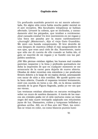 Capítulo siete



Un profundo zumbido penetró en mi mente adormi-
lada. En algún sitio cerca había mucho poder mental en
el aire receptivo. Mis facultades telepáticas se habían
afectado. Levanté la cabeza, que se inclinaba, y cansa-
damente abrí los párpados, que tendían a cerrárseme.
¡Qué cansado estaba! Un leve movimiento en mi regazo y
una boca me pasaba por la mano cariñosamente:
«¡Aurragh! ¡Mmmrrno!», dijo el viejo Gato Guardián.
Me miró con honda comprensión. El leve destello de
una lámpara de manteca reflejó el rojo sanguinolento de
sus ojos, que eran azul cielo de día. Suavemente, tanto
que sólo me di cuenta de ello cuando se había ido, el
gato se marchó de mi regazo y se fundió con las pal-
pables sombras.
¡Oh! Mis piernas estaban rígidas; los huesos mal curados
parecían rasparme y la tiesa y profunda quemadura me
daba la impresión de que en cualquier momento se me
arrancaría de la carne para dejarla de nuevo abierta.
Oleadas de dolor recorrían mis miembros y me producían
feroces dolores a lo largo de mi espina dorsal, amenazando
con sacar de sitio a mis costillas. Me quedé quieto con
la boca abierta. Cuando el espasmo terminó lentamente,
miré con cautela en torno a mí. Allí, en la densa sombra
morada de la gran Figura Sagrada, podía yo ver sin que
me vieran.
Las ventanas estaban alineadas en oscuros rectángulos
sobre un muro de sombra danzante. A través de los mar-
cos sin cristales podía ver el cielo nocturno como un trozo
negro del más suave terciopelo salpicado con relucientes
joyas de luz. Diamantes, rubíes y turquesas brillaban y
giraban arriba. Allí, en el fino aire del Tibet, las estre-
llas se veían en color, no como blancos puntos lumi-

                                              91
 