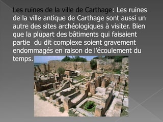 Les ruines de la ville de Carthage: Les ruines
de la ville antique de Carthage sont aussi un
autre des sites archéologiques à visiter. Bien
que la plupart des bâtiments qui faisaient
partie du dit complexe soient gravement
endommagés en raison de l'écoulement du
temps.
 