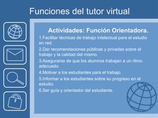 Funciones del tutor virtual
Actividades: Función Orientadora.
1.Facilitar técnicas de trabajo intelectual para el estudio
en red.
2.Dar recomendaciones públicas y privadas sobre el
trabajo y la calidad del mismo.
3.Asegurarse de que los alumnos trabajan a un ritmo
adecuado.
4.Motivar a los estudiantes para el trabajo.
5.Informar a los estudiantes sobre su progreso en el
estudio.
6.Ser guía y orientador del estudiante.
 