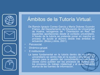 Ámbitos de la Tutoría Virtual.
De Ramón Ignacio Correa García y María Dolores Guzmán
Franco, del Departamento de Educación de Universidad
de Huelva, recogemos de “ Orientación en Red” las
siguientes aportaciones desde el contexto universitario.
A través de la tutoría se pretende poner en marcha un
proceso de ayuda al alumno desde tres ámbitos de
actuación: (Boza y otros, 2001).
• Psicosocial.
• Dinámico-grupal.
• E institucional
La tarea fundamental en la tutoría dentro de un campus
universitario se centra más en la ayuda y orientación del
alumno para la gestión del conocimiento en tres fases
claves como pueden ser los procesos de aprendizaje,
los procesos de trabajo intelectual y el asesoramiento
acerca de las fuentes de información.
 