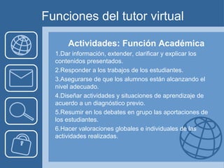 Funciones del tutor virtual
Actividades: Función Académica
1.Dar información, extender, clarificar y explicar los
contenidos presentados.
2.Responder a los trabajos de los estudiantes.
3.Asegurarse de que los alumnos están alcanzando el
nivel adecuado.
4.Diseñar actividades y situaciones de aprendizaje de
acuerdo a un diagnóstico previo.
5.Resumir en los debates en grupo las aportaciones de
los estudiantes.
6.Hacer valoraciones globales e individuales de las
actividades realizadas.
 