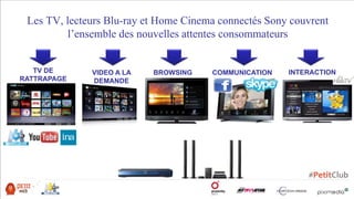 Les TV, lecteurs Blu-ray et Home Cinema connectés Sony couvrent
l’ensemble des nouvelles attentes consommateurs
BROWSING COMMUNICATION INTERACTIONTV DE
RATTRAPAGE
VIDEO A LA
DEMANDE
 