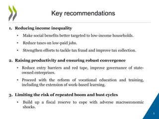 Key recommendations
1. Reducing income inequality
• Make social benefits better targeted to low-income households.
• Reduce taxes on low-paid jobs.
• Strengthen efforts to tackle tax fraud and improve tax collection.
2. Raising productivity and ensuring robust convergence
• Reduce entry barriers and red tape, improve governance of state-
owned enterprises.
• Proceed with the reform of vocational education and training,
including the extension of work-based learning.
3. Limiting the risk of repeated boom and bust cycles
• Build up a fiscal reserve to cope with adverse macroeconomic
shocks.
5
 