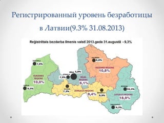 Регистрированный уровень безработицы
в Латвии(9.3% 31.08.2013)
 