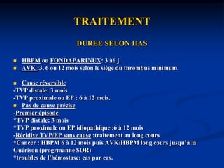 TRAITEMENTLA CONTENTIONFondamentale pour la résorption du thrombusBandes au début, bas ou collants après.Rôle:-Réduire l’oedème .-Prévenir l’extension de la thrombose -utile en cas de contre-indication des anticoagulants.-Evite la détérioration valvulaire précoce et donc le reflux. 