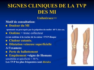 SIGNES CLINIQUES DE LA TVP DES MI Unilatéraux++ Motif de consultation:Douleur du MIspontanée ou provoquée par la palpation du mollet  60 % des cas.Oedème= tronc collecteurex:un oedème à la racine de la cuisse =TVP iliaqueChaleur cutanée.Dilatation veineuse superficielleA l’examen:Perte de ballottementEmpâtement =signe de Homans sensibilité et spécificité < 50 %Les TVP les plus fréquentes sont distales