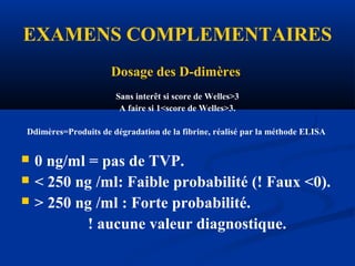 EXAMENS COMPLEMENTAIRES
Dosage des D-dimères
Sans interêt si score de Welles>3
A faire si 1<score de Welles>3.
Ddimères=Produits de dégradation de la fibrine, réalisé par la méthode ELISA
 0 ng/ml = pas de TVP.
 < 250 ng /ml: Faible probabilité (! Faux <0).
 > 250 ng /ml : Forte probabilité.
! aucune valeur diagnostique.
 