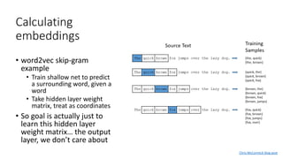 Calculating
embeddings
• word2vec skip-gram
example
• Train shallow net to predict
a surrounding word, given a
word
• Take hidden layer weight
matrix, treat as coordinates
• So goal is actually just to
learn this hidden layer
weight matrix… the output
layer, we don’t care about
Chris McCormick blog post
 