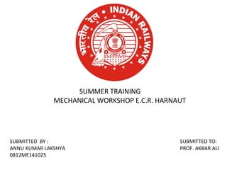 SUBMITTED BY :
ANNU KUMAR LAKSHYA
0812ME141025
SUBMITTED TO:
PROF. AKBAR ALI
SUMMER TRAINING
MECHANICAL WORKSHOP E.C.R. HARNAUT
 