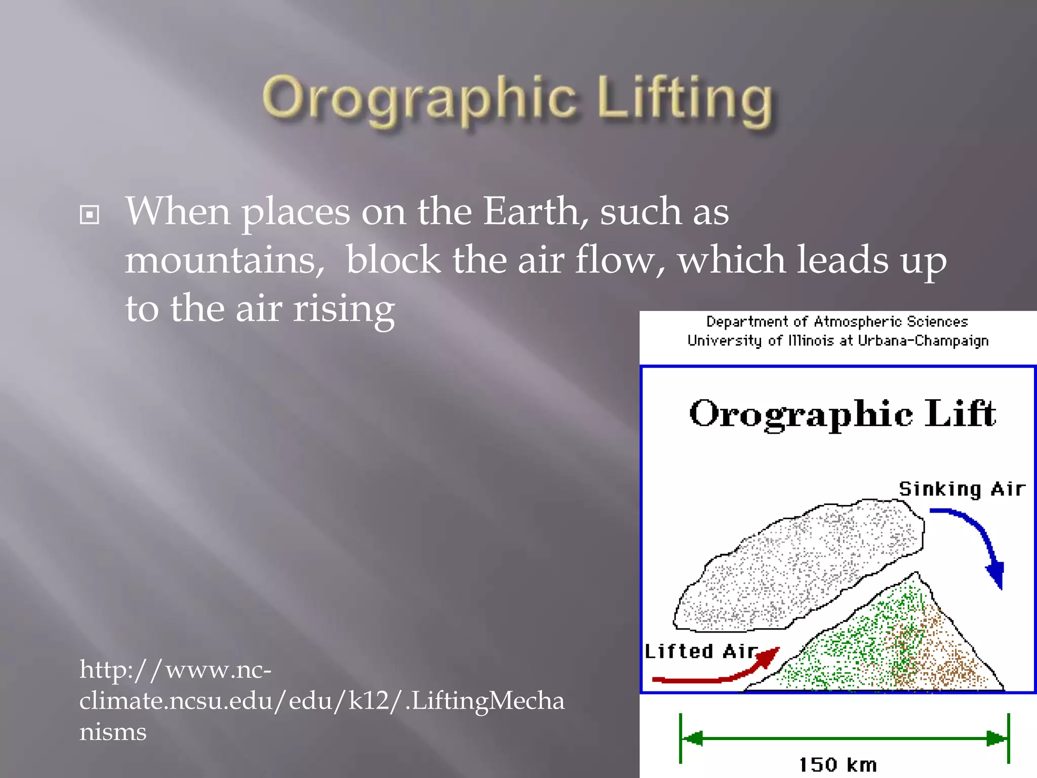    When places on the Earth, such as
    mountains, block the air flow, which leads up
    to the air rising




http://www.nc-
climate.ncsu.edu/edu/k12/.LiftingMecha
nisms
 