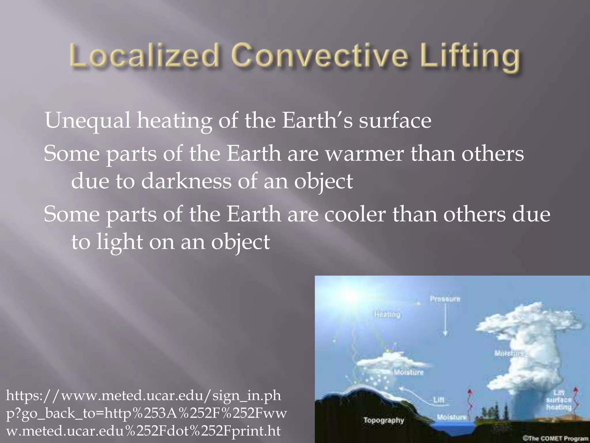 Unequal heating of the Earth’s surface
     Some parts of the Earth are warmer than others
       due to darkness of an object
     Some parts of the Earth are cooler than others due
       to light on an object




https://www.meted.ucar.edu/sign_in.ph
p?go_back_to=http%253A%252F%252Fww
w.meted.ucar.edu%252Fdot%252Fprint.ht
 