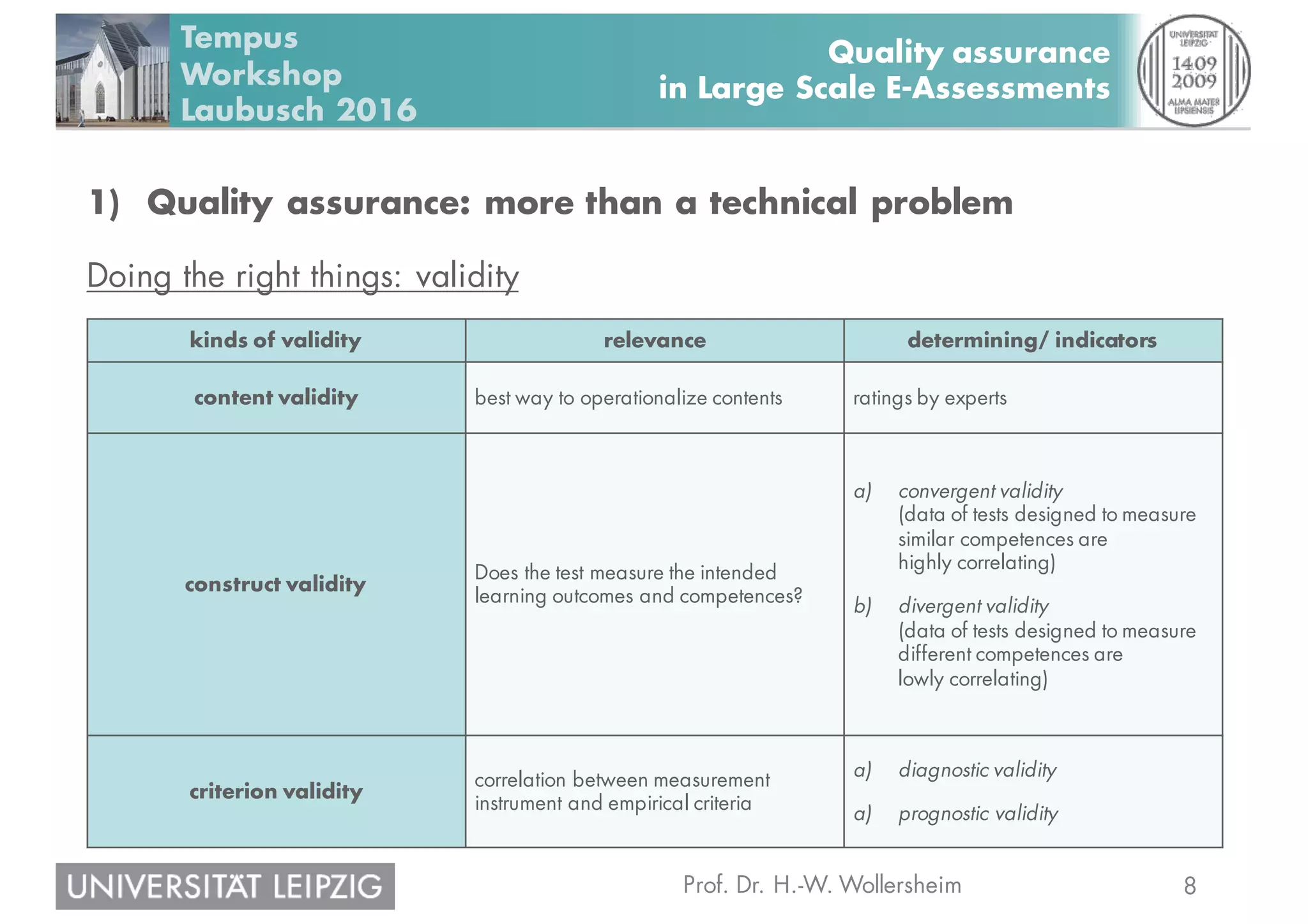 8Prof. Dr. H.-W. Wollersheim
Quality assurance
in Large Scale E-Assessments
Tempus
Workshop
Laubusch 2016
1) Quality assurance: more than a technical problem
Doing the right things: validity
kinds of validity relevance determining/ indicators
content validity best way to operationalize contents ratings by experts
construct validity
Does the test measure the intended
learning outcomes and competences?
a) convergent validity
(data of tests designed to measure
similar competences are
highly correlating)
b) divergent validity
(data of tests designed to measure
different competences are
lowly correlating)
criterion validity
correlation between measurement
instrument and empirical criteria
a) diagnostic validity
a) prognostic validity
 