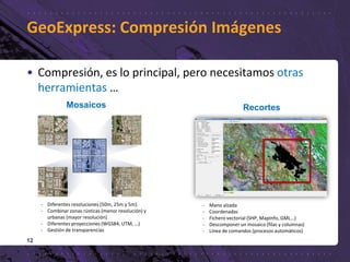 GeoExpress: Compresión Imágenes
12
• Compresión, es lo principal, pero necesitamos otras
herramientas …
Mosaicos Recortes
- Mano alzada
- Coordenadas
- Fichero vectorial (SHP, MapInfo, GML…)
- Descomponer un mosaico (filas y columnas)
- Línea de comandos (procesos automáticos)
- Diferentes resoluciones (50m, 25m y 5m).
- Combinar zonas rústicas (menor resolución) y
urbanas (mayor resolución)
- Diferentes proyecciones (WGS84, UTM, …)
- Gestión de transparencias
 