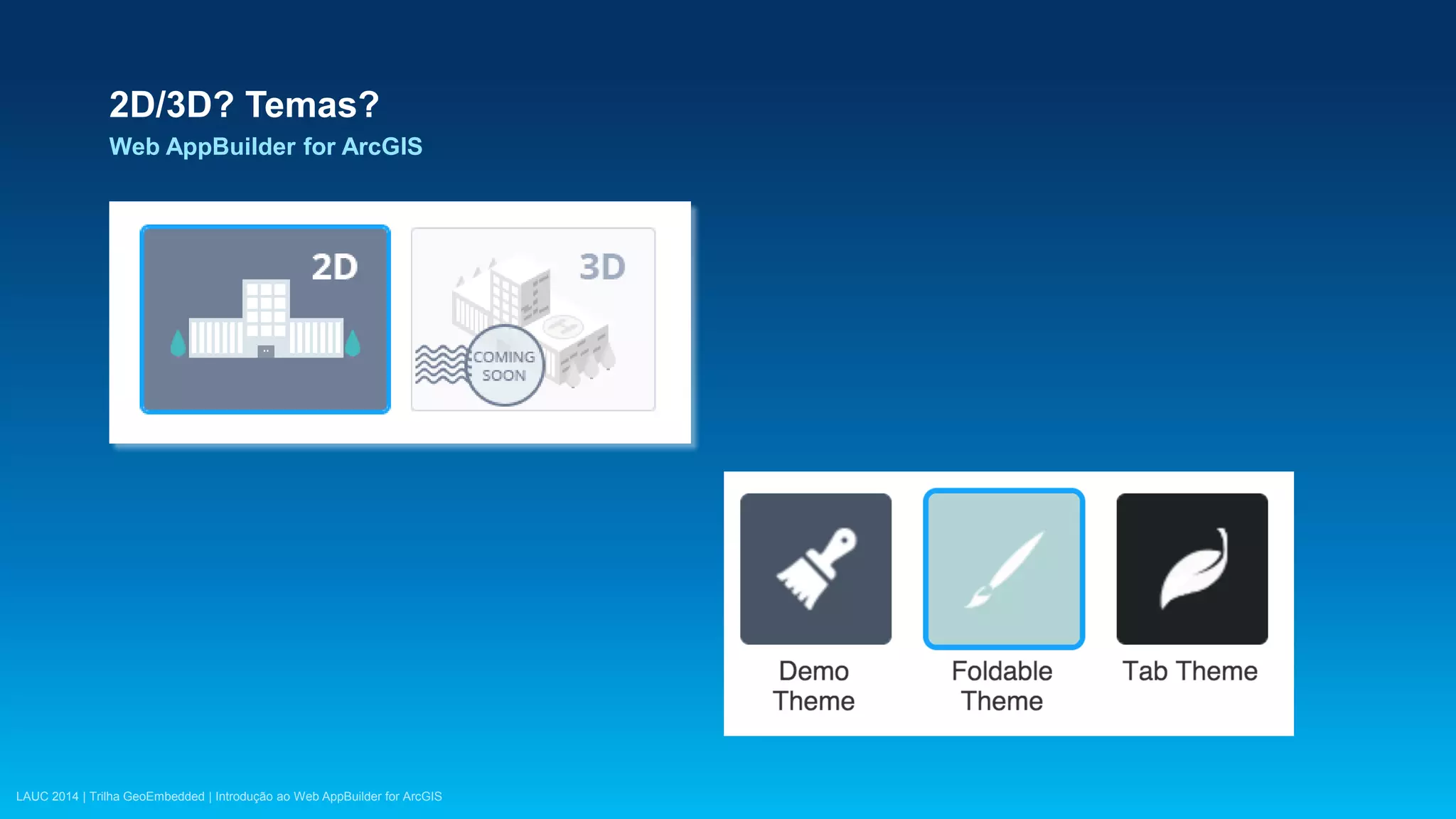 LAUC 2014 | Trilha GeoEmbedded | Introdução ao Web AppBuilder for ArcGIS
2D/3D? Temas?
Web AppBuilder for ArcGIS
 