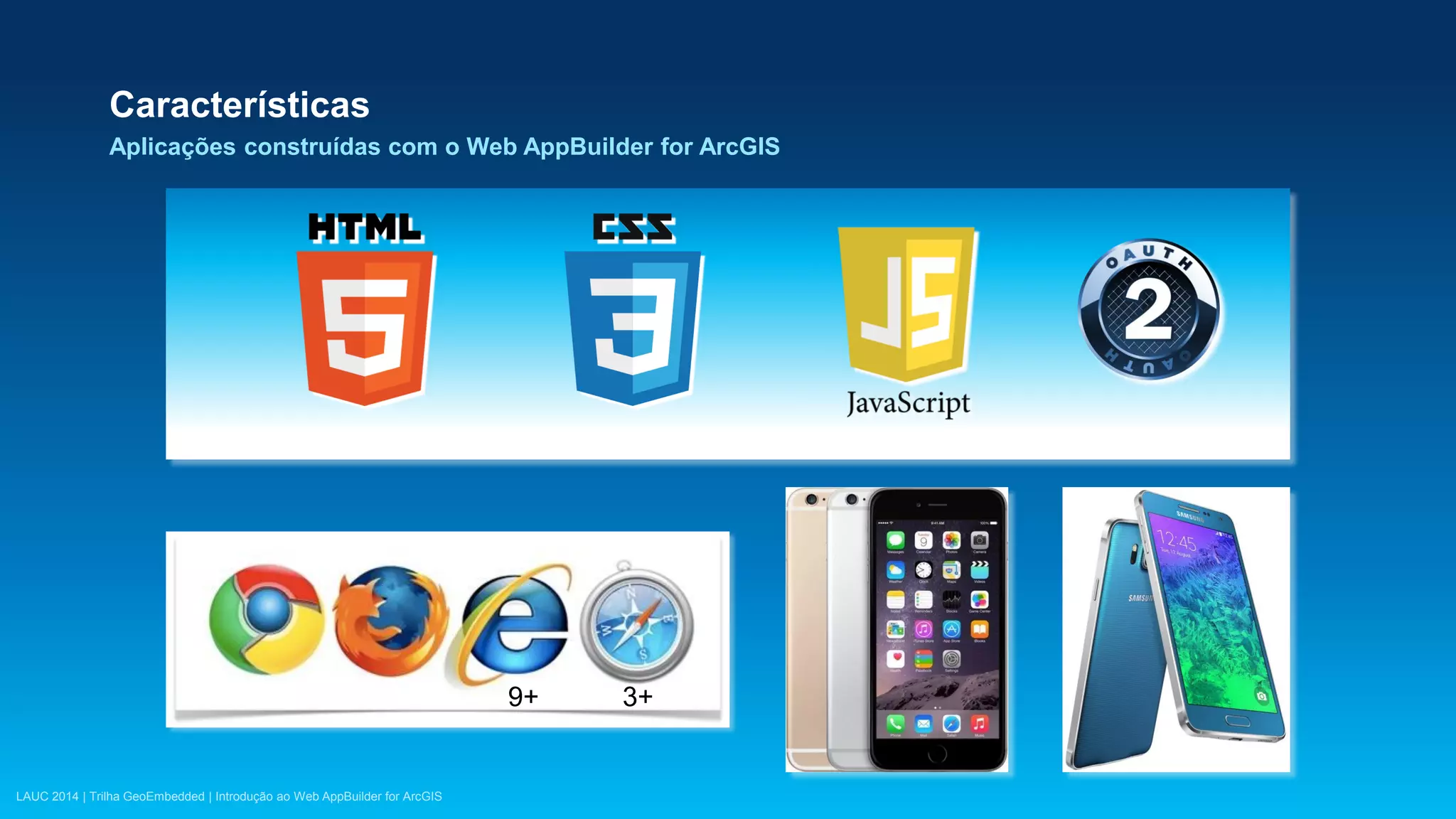 LAUC 2014 | Trilha GeoEmbedded | Introdução ao Web AppBuilder for ArcGIS
9+ 3+
Características
Aplicações construídas com o Web AppBuilder for ArcGIS
 