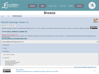 http://www.laudatio-repository.org
Dennis Zielke
Computer and Media Service, Humboldt-Universität zu Berlin, June 13 2014
11
Browse
 
