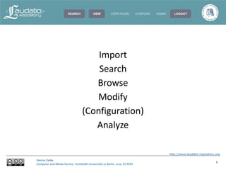 http://www.laudatio-repository.org
Dennis Zielke
Computer and Media Service, Humboldt-Universität zu Berlin, June 13 2014
8
Import
Search
Browse
Modify
(Configuration)
Analyze
 