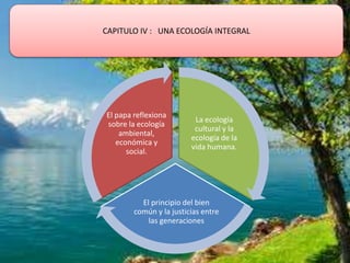 La ecología
cultural y la
ecología de la
vida humana.
El principio del bien
común y la justicias entre
las generaciones
El papa reflexiona
sobre la ecología
ambiental,
económica y
social.
CAPITULO IV : UNA ECOLOGÍA INTEGRAL
 