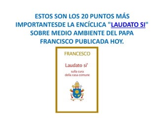 ESTOS SON LOS 20 PUNTOS MÁS
IMPORTANTESDE LA ENCÍCLICA "LAUDATO SI"
SOBRE MEDIO AMBIENTE DEL PAPA
FRANCISCO PUBLICADA HOY.
 