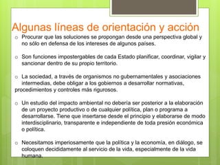 Algunas líneas de orientación y acción
o Procurar que las soluciones se propongan desde una perspectiva global y
no sólo en defensa de los intereses de algunos países.
o Son funciones impostergables de cada Estado planificar, coordinar, vigilar y
sancionar dentro de su propio territorio.
o La sociedad, a través de organismos no gubernamentales y asociaciones
intermedias, debe obligar a los gobiernos a desarrollar normativas,
procedimientos y controles más rigurosos.
o Un estudio del impacto ambiental no debería ser posterior a la elaboración
de un proyecto productivo o de cualquier política, plan o programa a
desarrollarse. Tiene que insertarse desde el principio y elaborarse de modo
interdisciplinario, transparente e independiente de toda presión económica
o política.
o Necesitamos imperiosamente que la política y la economía, en diálogo, se
coloquen decididamente al servicio de la vida, especialmente de la vida
humana.
 