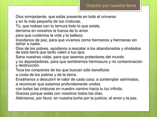 Dios omnipotente, que estás presente en todo el universo
y en la más pequeña de tus criaturas,
Tú, que rodeas con tu ternura todo lo que existe,
derrama en nosotros la fuerza de tu amor
para que cuidemos la vida y la belleza.
Inúndanos de paz, para que vivamos como hermanos y hermanas sin
dañar a nadie.
Dios de los pobres, ayúdanos a rescatar a los abandonados y olvidados
de esta tierra que tanto valen a tus ojos.
Sana nuestras vidas, para que seamos protectores del mundo
y no depredadores, para que sembremos hermosura y no contaminación
y destrucción.
Toca los corazones de los que buscan sólo beneficios
a costa de los pobres y de la tierra.
Enséñanos a descubrir el valor de cada cosa, a contemplar admirados,
a reconocer que estamos profundamente unidos
con todas las criaturas en nuestro camino hacia tu luz infinita.
Gracias porque estás con nosotros todos los días.
Aliéntanos, por favor, en nuestra lucha por la justicia, el amor y la paz.
Oración por nuestra tierra
 