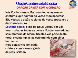 OraçãoConclusivadaEncíclica
ORAÇÃO CRISTÃ COM A CRIAÇÃO
Nós Vos louvamos, Pai, com todas as vossas
criaturas, que saíram da vossa mão poderosa.
São vossas e estão repletas da vossa presença e
da vossa ternura.
Louvado sejais, Filho de Deus, Jesus, por Vós
foram criadas todas as coisas. Fostes formado no
seio materno de Maria, fizestes-Vos parte desta
terra, e contemplastes este mundo com olhos
humanos.
Hoje estais vivo em cada
criatura com a vossa glória
de ressuscitado.
 