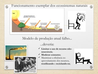 Funcionamento exemplar dos ecossistemas naturais
 Limitar o uso de recurso não-
renováveis;
 Moderar consumo;
 Maximizar a eficiência no
aproveitamento dos recursos,
reutilizando e reciclando-os;
Modelo de produção atual falho...
...deveria:
 