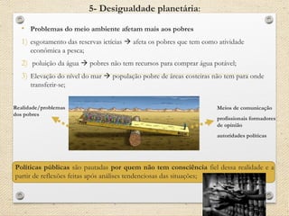 5- Desigualdade planetária:
• Problemas do meio ambiente afetam mais aos pobres
1) esgotamento das reservas ictícias  afeta os pobres que tem como atividade
econômica a pesca;
2) poluição da água  pobres não tem recursos para comprar água potável;
3) Elevação do nível do mar  população pobre de áreas costeiras não tem para onde
transferir-se;
Políticas públicas são pautadas por quem não tem consciência fiel dessa realidade e a
partir de reflexões feitas após análises tendenciosas das situações;
Meios de comunicação
profissionais formadores
de opinião
autoridades políticas
Realidade/problemas
dos pobres
 