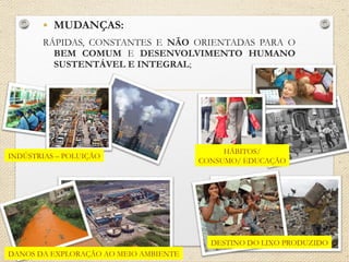 • MUDANÇAS:
RÁPIDAS, CONSTANTES E NÃO ORIENTADAS PARA O
BEM COMUM E DESENVOLVIMENTO HUMANO
SUSTENTÁVEL E INTEGRAL;
DANOS DA EXPLORAÇÃO AO MEIO AMBIENTE
HÁBITOS/
CONSUMO/ EDUCAÇÃO
INDÚSTRIAS – POLUIÇÃO
DESTINO DO LIXO PRODUZIDO
 