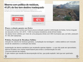Pouca evolução quanto aos lixões
O panorama mostra ainda que houve pouca evolução quanto à eliminação de lixões, forma irregular
de descarte de lixo. Em 2014, 1.559 municípios brasileiros ainda tinham lixões.
Os dados foram obtidos por meio de uma pesquisa direta com 400 municípios que, ao todo, possuem
91.764.305 habitantes.
Política Nacional de Resíduos Sólidos
redução do volume de resíduos gerados, a ampliação da reciclagem - coleta seletiva com inclusão
social de catadores e a extinção dos lixões.
Implantação de aterros sanitários que receberão apenas dejetos – o que não pode ser aproveitado;
Aterros forrados com manta impermeável para evitar a contaminação do solo.
Chorume deverá ser tratado;
O gás metano que resulta da decomposição do lixo, que pode explodir, terá que ser queimado.
 