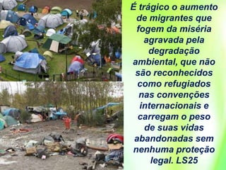 É trágico o aumento
de migrantes que
fogem da miséria
agravada pela
degradação
ambiental, que não
são reconhecidos
como refugiados
nas convenções
internacionais e
carregam o peso
de suas vidas
abandonadas sem
nenhuma proteção
legal. LS25
 