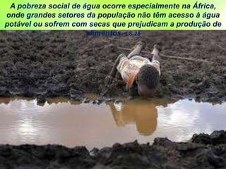 A pobreza social de água ocorre especialmente na África,
onde grandes setores da população não têm acesso à água
potável ou sofrem com secas que prejudicam a produção de
alimentos. LS 28
 