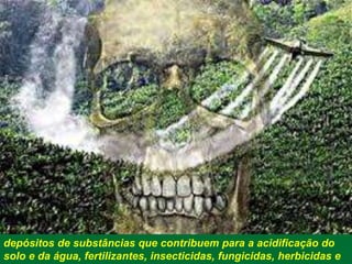 depósitos de substâncias que contribuem para a acidificação do
solo e da água, fertilizantes, insecticidas, fungicidas, herbicidas e
 