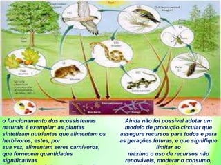 o funcionamento dos ecossistemas
naturais é exemplar: as plantas
sintetizam nutrientes que alimentam os
herbívoros; estes, por
sua vez, alimentam seres carnívoros,
que fornecem quantidades
significativas
Ainda não foi possível adotar um
modelo de produção circular que
assegure recursos para todos e para
as gerações futuras, e que signifique
limitar ao
máximo o uso de recursos não
renováveis, moderar o consumo,
 