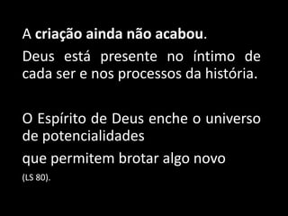 A criação ainda não acabou.
Deus está presente no íntimo de
cada ser e nos processos da história.
O Espírito de Deus enche o universo
de potencialidades
que permitem brotar algo novo
(LS 80).
 