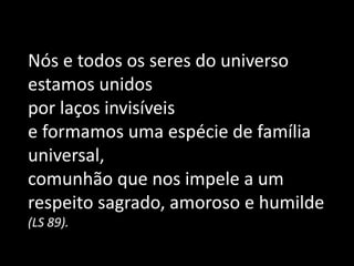 Nós e todos os seres do universo
estamos unidos
por laços invisíveis
e formamos uma espécie de família
universal,
comunhão que nos impele a um
respeito sagrado, amoroso e humilde
(LS 89).
 