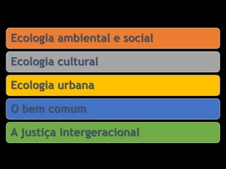 Ecologia ambiental e social
Ecologia cultural
Ecologia urbana
O bem comum
A justiça intergeracional
 