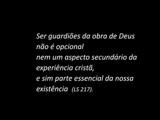 Ser guardiões da obra de Deus
não é opcional
nem um aspecto secundário da
experiência cristã,
e sim parte essencial da nossa
existência (LS 217).
 