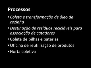 Processos
•Coleta e transformação de óleo de
cozinha
•Destinação de resíduos recicláveis para
associação de catadores
•Coleta de pilhas e baterias
•Oficina de reutilização de produtos
•Horta coletiva
 