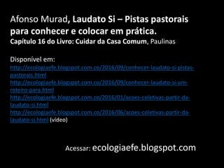 Afonso Murad, Laudato Si – Pistas pastorais
para conhecer e colocar em prática.
Capítulo 16 do Livro: Cuidar da Casa Comum, Paulinas
Disponível em:
http://ecologiaefe.blogspot.com.co/2016/09/conhecer-laudato-si-pistas-
pastorais.html
http://ecologiaefe.blogspot.com.co/2016/09/conhecer-laudato-si-um-
roteiro-para.html
http://ecologiaefe.blogspot.com.co/2016/01/acoes-coletivas-partir-da-
laudato-si.html
http://ecologiaefe.blogspot.com.co/2016/06/acoes-coletivas-partir-da-
laudato-si.html (vídeo)
Acessar: ecologiaefe.blogspot.com
 