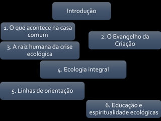 Introdução
1. O que acontece na casa
comum 2. O Evangelho da
Criação3. A raiz humana da crise
ecológica
4. Ecologia integral
5. Linhas de orientação
6. Educação e
espiritualidade ecológicas
 