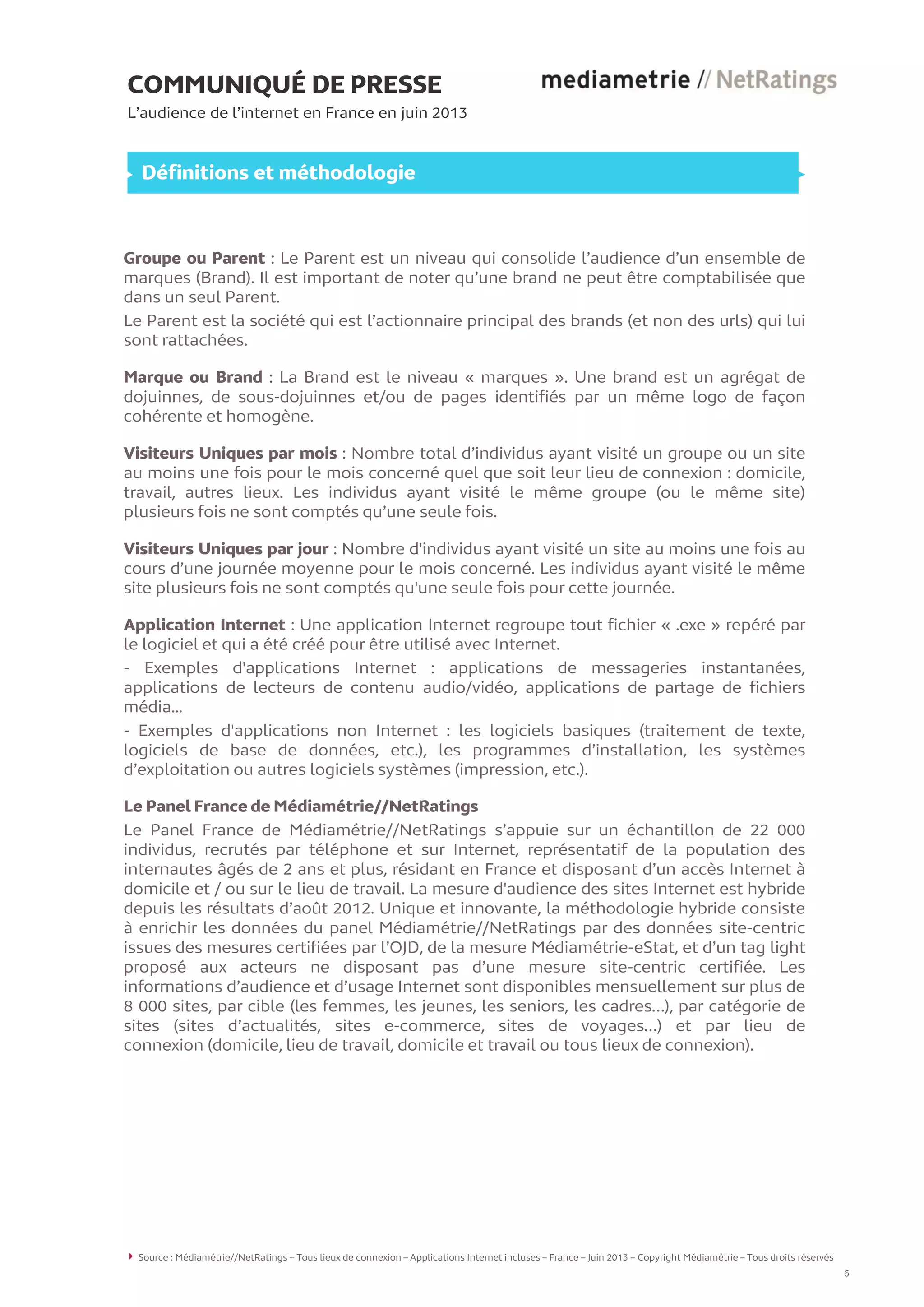 COMMUNIQUÉ DE PRESSE
L’audience de l’internet en France en juin 2013
Définitions et méthodologie
Groupe ou Parent : Le Parent est un niveau qui consolide l’audience d’un ensemble de
marques (Brand). Il est important de noter qu’une brand ne peut être comptabilisée que
dans un seul Parent.
Le Parent est la société qui est l’actionnaire principal des brands (et non des urls) qui lui
sont rattachées.
Marque ou Brand : La Brand est le niveau « marques ». Une brand est un agrégat de
dojuinnes, de sous-dojuinnes et/ou de pages identifiés par un même logo de façon
cohérente et homogène.
Visiteurs Uniques par mois : Nombre total d’individus ayant visité un groupe ou un site
au moins une fois pour le mois concerné quel que soit leur lieu de connexion : domicile,
travail, autres lieux. Les individus ayant visité le même groupe (ou le même site)
plusieurs fois ne sont comptés qu’une seule fois.
Visiteurs Uniques par jour : Nombre d'individus ayant visité un site au moins une fois au
cours d’une journée moyenne pour le mois concerné. Les individus ayant visité le même
site plusieurs fois ne sont comptés qu'une seule fois pour cette journée.
Application Internet : Une application Internet regroupe tout fichier « .exe » repéré par
le logiciel et qui a été créé pour être utilisé avec Internet.
- Exemples d'applications Internet : applications de messageries instantanées,
applications de lecteurs de contenu audio/vidéo, applications de partage de fichiers
média...
- Exemples d'applications non Internet : les logiciels basiques (traitement de texte,
logiciels de base de données, etc.), les programmes d’installation, les systèmes
d’exploitation ou autres logiciels systèmes (impression, etc.).
Le Panel France de Médiamétrie//NetRatings
Le Panel France de Médiamétrie//NetRatings s’appuie sur un échantillon de 22 000
individus, recrutés par téléphone et sur Internet, représentatif de la population des
internautes âgés de 2 ans et plus, résidant en France et disposant d’un accès Internet à
domicile et / ou sur le lieu de travail. La mesure d'audience des sites Internet est hybride
depuis les résultats d’août 2012. Unique et innovante, la méthodologie hybride consiste
à enrichir les données du panel Médiamétrie//NetRatings par des données site-centric
issues des mesures certifiées par l’OJD, de la mesure Médiamétrie-eStat, et d’un tag light
proposé aux acteurs ne disposant pas d’une mesure site-centric certifiée. Les
informations d’audience et d’usage Internet sont disponibles mensuellement sur plus de
8 000 sites, par cible (les femmes, les jeunes, les seniors, les cadres…), par catégorie de
sites (sites d’actualités, sites e-commerce, sites de voyages…) et par lieu de
connexion (domicile, lieu de travail, domicile et travail ou tous lieux de connexion).
Source : Médiamétrie//NetRatings – Tous lieux de connexion – Applications Internet incluses – France – Juin 2013 – Copyright Médiamétrie – Tous droits réservés
6
 