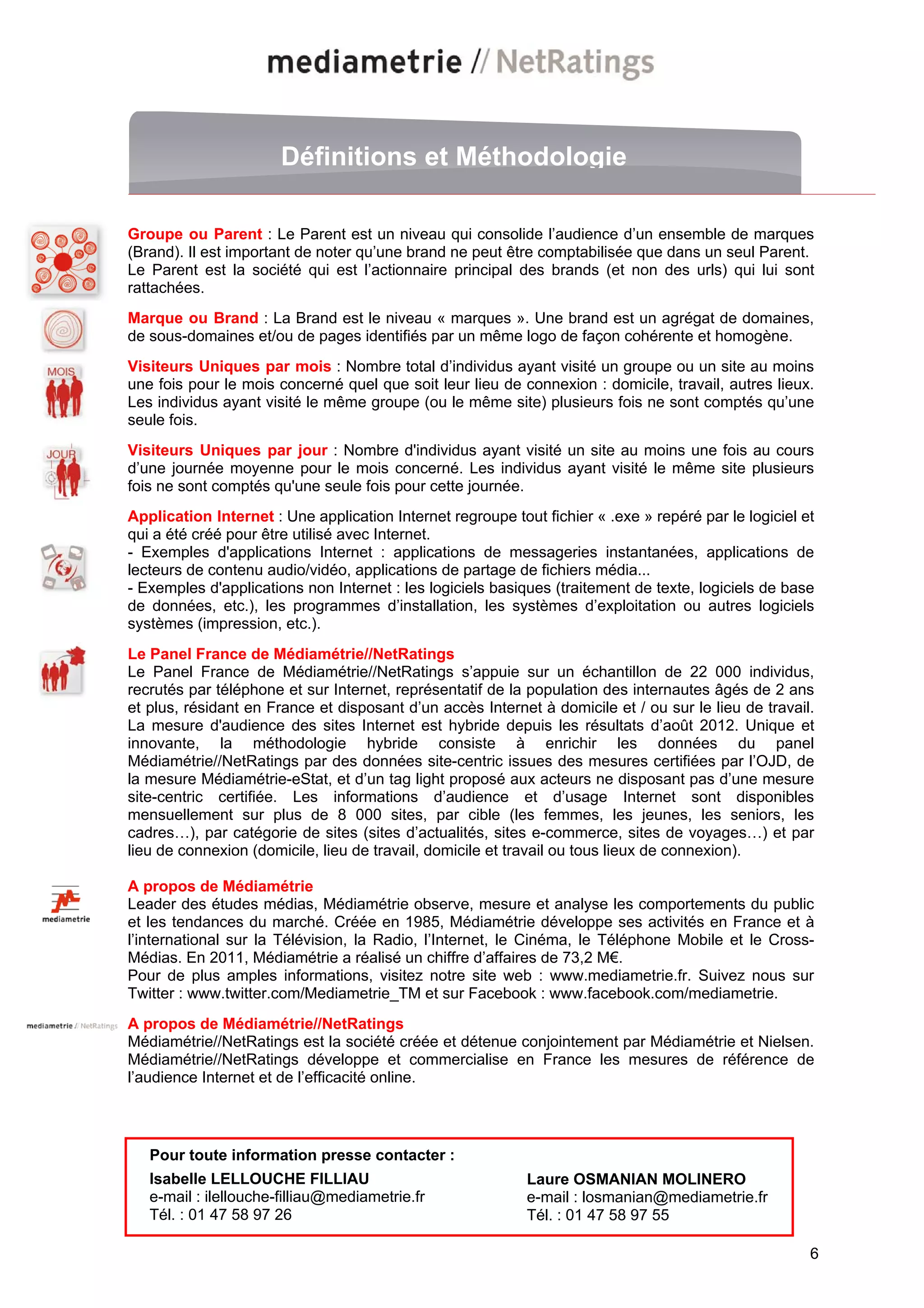 Définitions et Méthodologie

Groupe ou Parent : Le Parent est un niveau qui consolide l’audience d’un ensemble de marques
(Brand). Il est important de noter qu’une brand ne peut être comptabilisée que dans un seul Parent.
Le Parent est la société qui est l’actionnaire principal des brands (et non des urls) qui lui sont
rattachées.
Marque ou Brand : La Brand est le niveau « marques ». Une brand est un agrégat de domaines,
de sous-domaines et/ou de pages identifiés par un même logo de façon cohérente et homogène.
Visiteurs Uniques par mois : Nombre total d’individus ayant visité un groupe ou un site au moins
une fois pour le mois concerné quel que soit leur lieu de connexion : domicile, travail, autres lieux.
Les individus ayant visité le même groupe (ou le même site) plusieurs fois ne sont comptés qu’une
seule fois.
Visiteurs Uniques par jour : Nombre d'individus ayant visité un site au moins une fois au cours
d’une journée moyenne pour le mois concerné. Les individus ayant visité le même site plusieurs
fois ne sont comptés qu'une seule fois pour cette journée.
Application Internet : Une application Internet regroupe tout fichier « .exe » repéré par le logiciel et
qui a été créé pour être utilisé avec Internet.
- Exemples d'applications Internet : applications de messageries instantanées, applications de
lecteurs de contenu audio/vidéo, applications de partage de fichiers média...
- Exemples d'applications non Internet : les logiciels basiques (traitement de texte, logiciels de base
de données, etc.), les programmes d’installation, les systèmes d’exploitation ou autres logiciels
systèmes (impression, etc.).
Le Panel France de Médiamétrie//NetRatings
Le Panel France de Médiamétrie//NetRatings s’appuie sur un échantillon de 22 000 individus,
recrutés par téléphone et sur Internet, représentatif de la population des internautes âgés de 2 ans
et plus, résidant en France et disposant d’un accès Internet à domicile et / ou sur le lieu de travail.
La mesure d'audience des sites Internet est hybride depuis les résultats d’août 2012. Unique et
innovante, la méthodologie hybride consiste à enrichir les données du panel
Médiamétrie//NetRatings par des données site-centric issues des mesures certifiées par l’OJD, de
la mesure Médiamétrie-eStat, et d’un tag light proposé aux acteurs ne disposant pas d’une mesure
site-centric certifiée. Les informations d’audience et d’usage Internet sont disponibles
mensuellement sur plus de 8 000 sites, par cible (les femmes, les jeunes, les seniors, les
cadres…), par catégorie de sites (sites d’actualités, sites e-commerce, sites de voyages…) et par
lieu de connexion (domicile, lieu de travail, domicile et travail ou tous lieux de connexion).

A propos de Médiamétrie
Leader des études médias, Médiamétrie observe, mesure et analyse les comportements du public
et les tendances du marché. Créée en 1985, Médiamétrie développe ses activités en France et à
l’international sur la Télévision, la Radio, l’Internet, le Cinéma, le Téléphone Mobile et le Cross-
Médias. En 2011, Médiamétrie a réalisé un chiffre d’affaires de 73,2 M€.
Pour de plus amples informations, visitez notre site web : www.mediametrie.fr. Suivez nous sur
Twitter : www.twitter.com/Mediametrie_TM et sur Facebook : www.facebook.com/mediametrie.
A propos de Médiamétrie//NetRatings
Médiamétrie//NetRatings est la société créée et détenue conjointement par Médiamétrie et Nielsen.
Médiamétrie//NetRatings développe et commercialise en France les mesures de référence de
l’audience Internet et de l’efficacité online.



   Pour toute information presse contacter :
   Isabelle LELLOUCHE FILLIAU                               Laure OSMANIAN MOLINERO
   e-mail : ilellouche-filliau@mediametrie.fr               e-mail : losmanian@mediametrie.fr
   Tél. : 01 47 58 97 26                                    Tél. : 01 47 58 97 55

                                                                                                       6
 