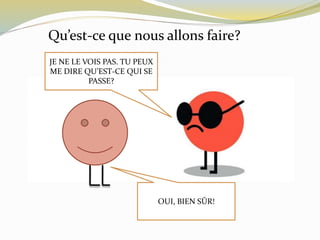 JE NE LE VOIS PAS. TU PEUX
ME DIRE QU’EST-CE QUI SE
PASSE?
OUI, BIEN SÛR!
Qu’est-ce que nous allons faire?
 