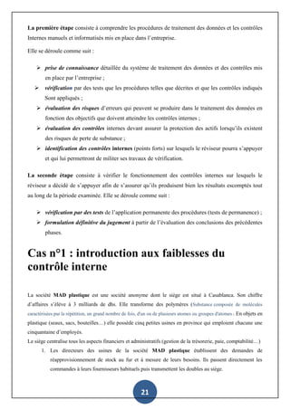 21
La première étape consiste à comprendre les procédures de traitement des données et les contrôles
Internes manuels et informatisés mis en place dans l’entreprise.
Elle se déroule comme suit :
 prise de connaissance détaillée du système de traitement des données et des contrôles mis
en place par l’entreprise ;
 vérification par des tests que les procédures telles que décrites et que les contrôles indiqués
Sont appliqués ;
 évaluation des risques d’erreurs qui peuvent se produire dans le traitement des données en
fonction des objectifs que doivent atteindre les contrôles internes ;
 évaluation des contrôles internes devant assurer la protection des actifs lorsqu’ils existent
des risques de perte de substance ;
 identification des contrôles internes (points forts) sur lesquels le réviseur pourra s’appuyer
et qui lui permettront de militer ses travaux de vérification.
La seconde étape consiste à vérifier le fonctionnement des contrôles internes sur lesquels le
réviseur a décidé de s’appuyer afin de s’assurer qu’ils produisent bien les résultats escomptés tout
au long de la période examinée. Elle se déroule comme suit :
 vérification par des tests de l’application permanente des procédures (tests de permanence) ;
 formulation définitive du jugement à partir de l’évaluation des conclusions des précédentes
phases.
Cas n°1 : introduction aux faiblesses du
contrôle interne
La société MAD plastique est une société anonyme dont le siège est situé à Casablanca. Son chiffre
d’affaires s’élève à 3 milliards de dhs. Elle transforme des polymères (Substance composée de molécules
caractérisées par la répétition, un grand nombre de fois, d'un ou de plusieurs atomes ou groupes d'atomes.) En objets en
plastique (seaux, sacs, bouteilles…) elle possède cinq petites usines en province qui emploient chacune une
cinquantaine d’employés.
Le siège centralise tous les aspects financiers et administratifs (gestion de la trésorerie, paie, comptabilité…)
1. Les directeurs des usines de la société MAD plastique établissent des demandes de
réapprovisionnement de stock au fur et à mesure de leurs besoins. Ils passent directement les
commandes à leurs fournisseurs habituels puis transmettent les doubles au siège.
 