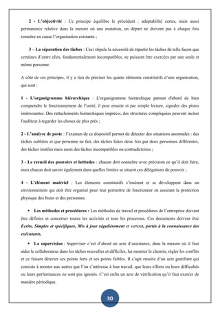 30
2 - L’objectivité : Ce principe équilibre le précédent : adaptabilité certes, mais aussi
permanence relative dans la mesure où une mutation, un départ ne doivent pas à chaque fois
remettre en cause l’organisation existante ;
3 – La séparation des tâches : Ceci stipule la nécessité de répartir les tâches de telle façon que
certaines d’entre elles, fondamentalement incompatibles, ne puissent être exercées par une seule et
même personne.
A côté de ces principes, il y a lieu de préciser les quatre éléments constitutifs d’une organisation,
qui sont :
1 - L'organigramme hiérarchique : L'organigramme hiérarchique permet d'abord de bien
comprendre le fonctionnement de l’unité, il peut ensuite et par simple lecture, signaler des pistes
intéressantes. Des rattachements hiérarchiques imprécis, des structures compliquées peuvent inciter
l'auditeur à regarder les choses de plus près ;
2 - L’analyse de poste : l’examen de ce dispositif permet de détecter des situations anormales : des
tâches oubliées et que personne ne fait, des tâches faites deux fois par deux personnes différentes,
des tâches inutiles mais aussi des tâches incompatibles ou contradictoires ;
3 - Le recueil des pouvoirs et latitudes : chacun doit connaître avec précision ce qu’il doit faire,
mais chacun doit savoir également dans quelles limites se situent ces délégations de pouvoir ;
4 - L’élément matériel : Les éléments constitutifs s’insèrent et se développent dans un
environnement qui doit être organisé pour leur permettre de fonctionner en assurant la protection
physique des biens et des personnes.
 Les méthodes et procédures : Les méthodes de travail et procédures de l’entreprise doivent
être définies et concerner toutes les activités et tous les processus. Ces documents doivent être
Ecrits, Simples et spécifiques, Mis à jour régulièrement et surtout, portés à la connaissance des
exécutants.
 La supervision : Superviser c’est d’abord un acte d’assistance, dans la mesure où il faut
aider le collaborateur dans les tâches nouvelles et difficiles, lui montrer le chemin, régler les conflits
et ce faisant détecter ses points forts et ses points faibles. Il s’agit ensuite d’un acte gratifiant qui
consiste à monter aux autres que l’on s’intéresse à leur travail, que leurs efforts ou leurs difficultés
ou leurs performances ne sont pas ignorés. C’est enfin un acte de vérification qu’il faut exercer de
manière périodique.
 