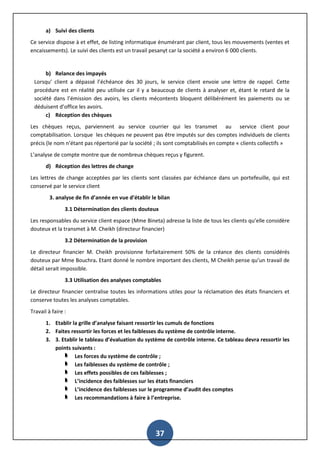 37
a) Suivi des clients
Ce service dispose à et effet, de listing informatique énumérant par client, tous les mouvements (ventes et
encaissements). Le suivi des clients est un travail pesanyt car la société a environ 6 000 clients.
b) Relance des impayés
Lorsqu’ client a dépassé l’échéance des 30 jours, le service client envoie une lettre de rappel. Cette
procédure est en réalité peu utilisée car il y a beaucoup de clients à analyser et, étant le retard de la
société dans l’émission des avoirs, les clients mécontents bloquent délibérément les paiements ou se
déduisent d’office les avoirs.
c) Réception des chèques
Les chèques reçus, parviennent au service courrier qui les transmet au service client pour
comptabilisation. Lorsque les chèques ne peuvent pas être imputés sur des comptes individuels de clients
précis (le nom n’étant pas répertorié par la société ; ils sont comptabilisés en compte « clients collectifs »
L’analyse de compte montre que de nombreux chèques reçus y figurent.
d) Réception des lettres de change
Les lettres de change acceptées par les clients sont classées par échéance dans un portefeuille, qui est
conservé par le service client
3. analyse de fin d’année en vue d’établir le bilan
3.1 Détermination des clients douteux
Les responsables du service client espace (Mme Bineta) adresse la liste de tous les clients qu’elle considère
douteux et la transmet à M. Cheikh (directeur financier)
3.2 Détermination de la provision
Le directeur financier M. Cheikh provisionne forfaitairement 50% de la créance des clients considérés
douteux par Mme Bouchra. Etant donné le nombre important des clients, M Cheikh pense qu’un travail de
détail serait impossible.
3.3 Utilisation des analyses comptables
Le directeur financier centralise toutes les informations utiles pour la réclamation des états financiers et
conserve toutes les analyses comptables.
Travail à faire :
1. Etablir la grille d’analyse faisant ressortir les cumuls de fonctions
2. Faites ressortir les forces et les faiblesses du système de contrôle interne.
3. 3. Etablir le tableau d’évaluation du système de contrôle interne. Ce tableau devra ressortir les
points suivants :
Les forces du système de contrôle ;
Les faiblesses du système de contrôle ;
Les effets possibles de ces faiblesses ;
L’incidence des faiblesses sur les états financiers
L’incidence des faiblesses sur le programme d’audit des comptes
Les recommandations à faire à l’entreprise.
 